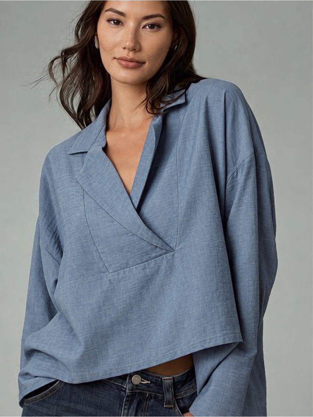 NWT Coastal Bloom Chambray Bacall Italian long-sleeve Top size M/L.
